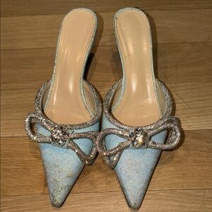 Light Blue Embellished Pointed Toe Slide Heels